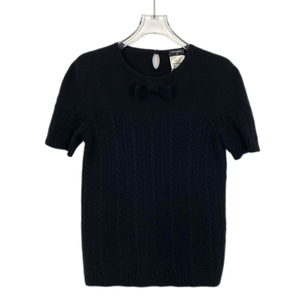 Chanel Black Bow Detail Cashmere Short Sleeve Knit Top